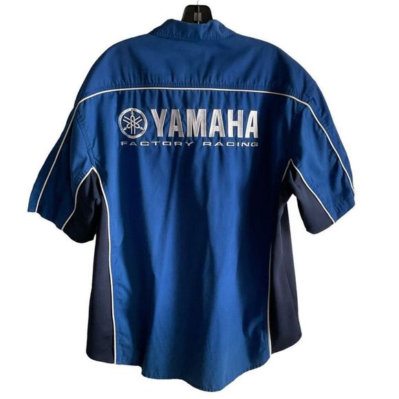 Yamaha Shirt Factory Racing Button Front Blue Black White Stripe Collar Large - Picture 2 of 12